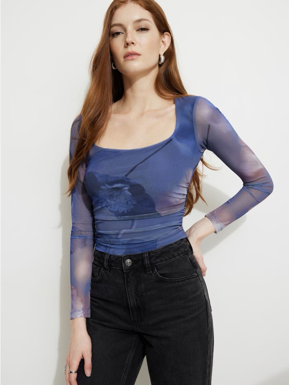 Dynamite Scarlette Ruched Mesh Top Violet & Blue Floral - Size XXS